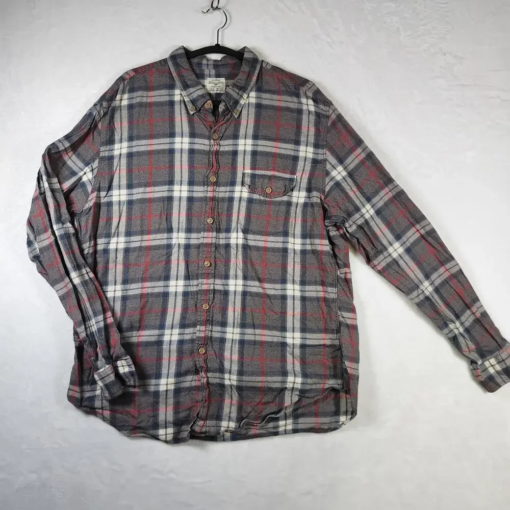 J Crew Vtg XL Flannel Workshirt Red Blue Gray Plaid Button Up Long‎ Sleeve